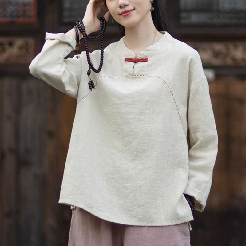 Buddha Stones Chemises à manches longues pour femmes, style décontracté printemps-automne, en ramie unie, avec poches, boutonnage grenouille et poche - image 1