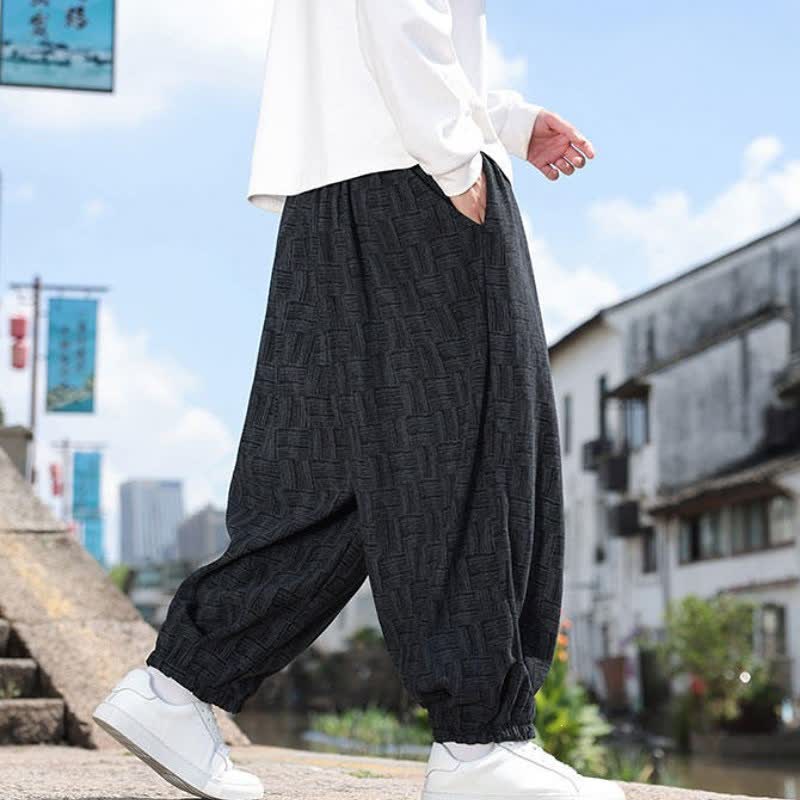 Buddha Stones Pantalon harem homme décontracté automne-hiver vintage à cordon de serrage et à motif géométrique, avec poches - image 1