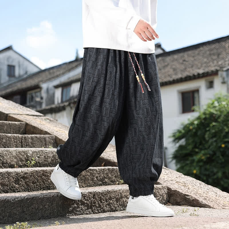 Buddha Stones Pantalon harem homme décontracté automne-hiver vintage à cordon de serrage et à motif géométrique, avec poches - Noir - US/UK/AU54，EU64 (9XL) - image 0