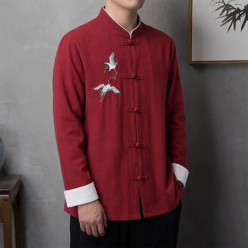 Buddha Stones Chemises à manches longues pour hommes, style Tang vintage printemps automne, avec boutons grenouille et broderie de grue - Cramoisi - US/UK/AU46, EU56 (5XL) - image 0
