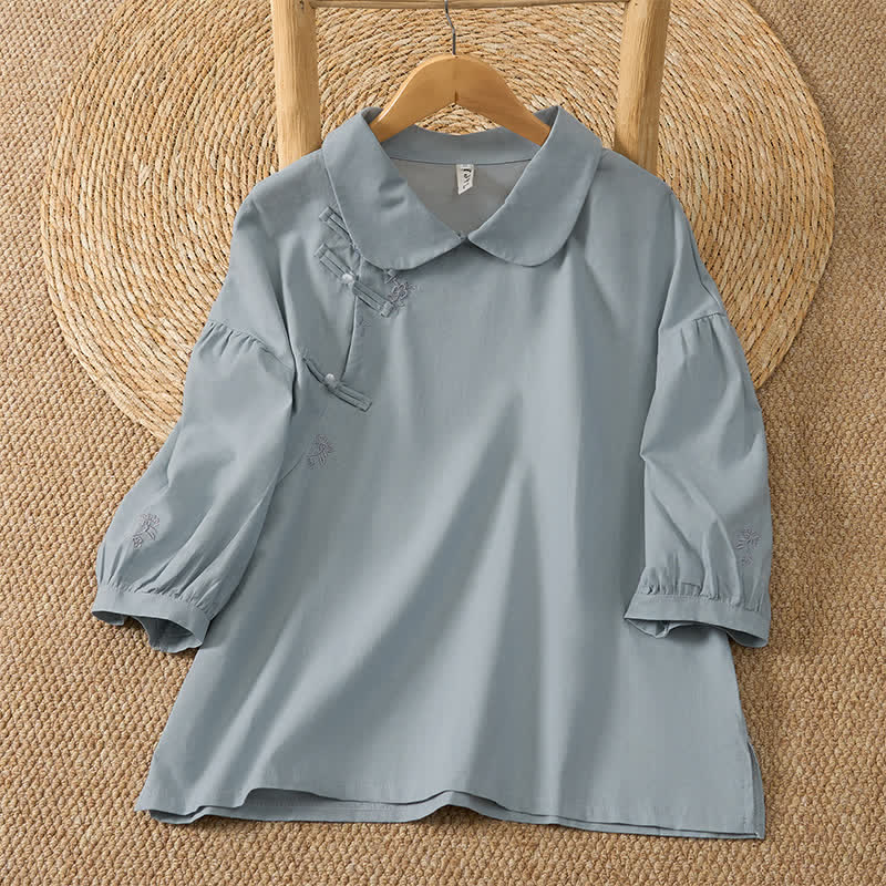 Buddha Stones Chemises d'été vintage Tang à manches 3/4 pour femmes, style grenouille, brodées de fleurs et de boutons, unies. - Bleu acier clair - US8-10, UK/AU12-14, EU40-42 (2XL) - image 0