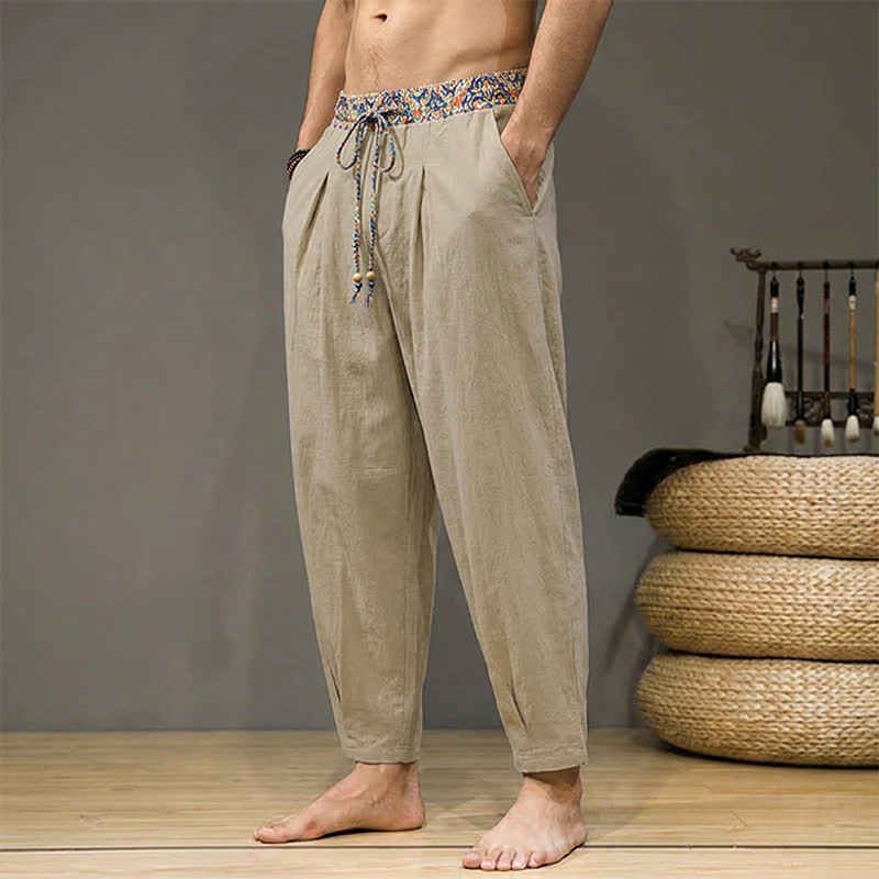 Buddha Stones Pantalon long homme coupe fuselée avec poches, style bohème décontracté printemps-été, à cordon de serrage et taille élastique géométrique - image 1