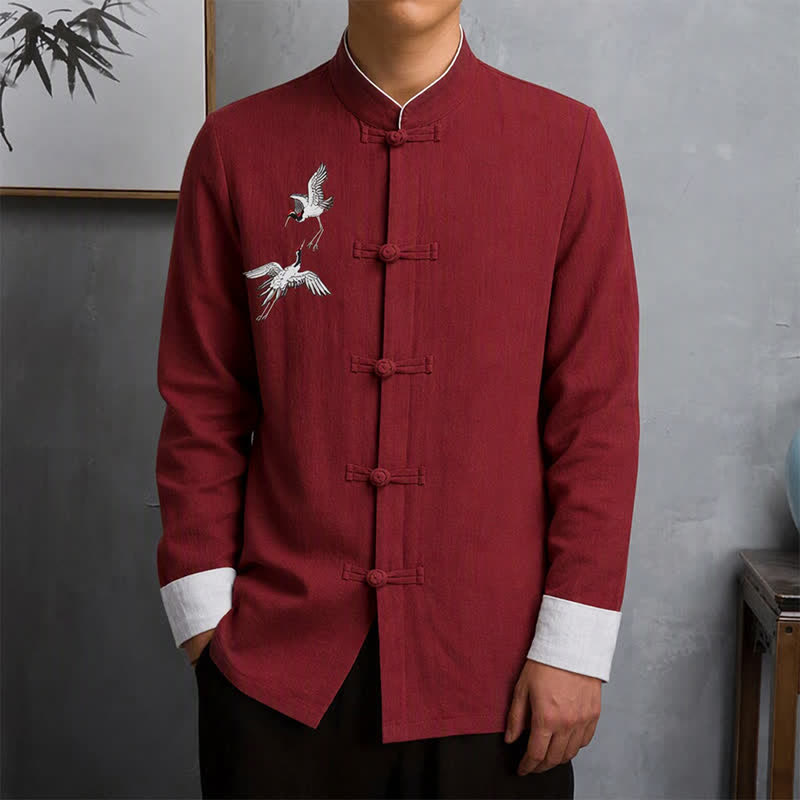 Buddha Stones Chemises à manches longues pour hommes, style Tang vintage printemps automne, avec boutons grenouille et broderie de grue - image 1