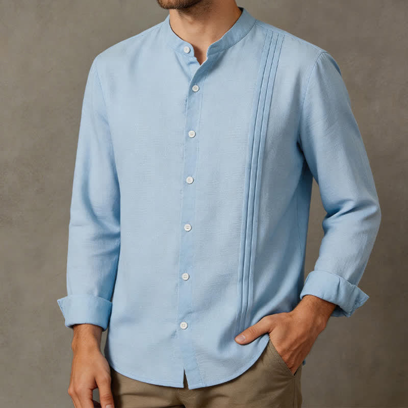 Buddha Stones Chemises à manches longues pour hommes, style automne Tang, décontractées, col mandarin, boutonnées, unies - Bleu poudré - US/UK/AU40, EU50 (2XL) - image 0