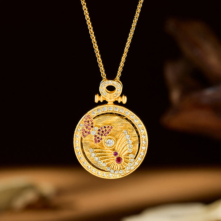Buddha Stones Collier pendentif rond rotatif papillon en cuivre plaqué or - image 2
