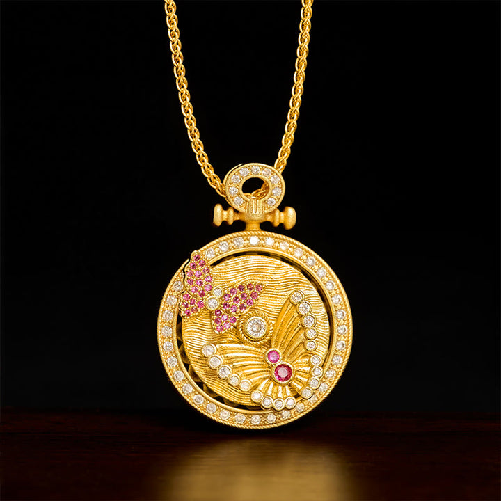 Buddha Stones Collier pendentif rond rotatif papillon en cuivre plaqué or - Papillon - image 0