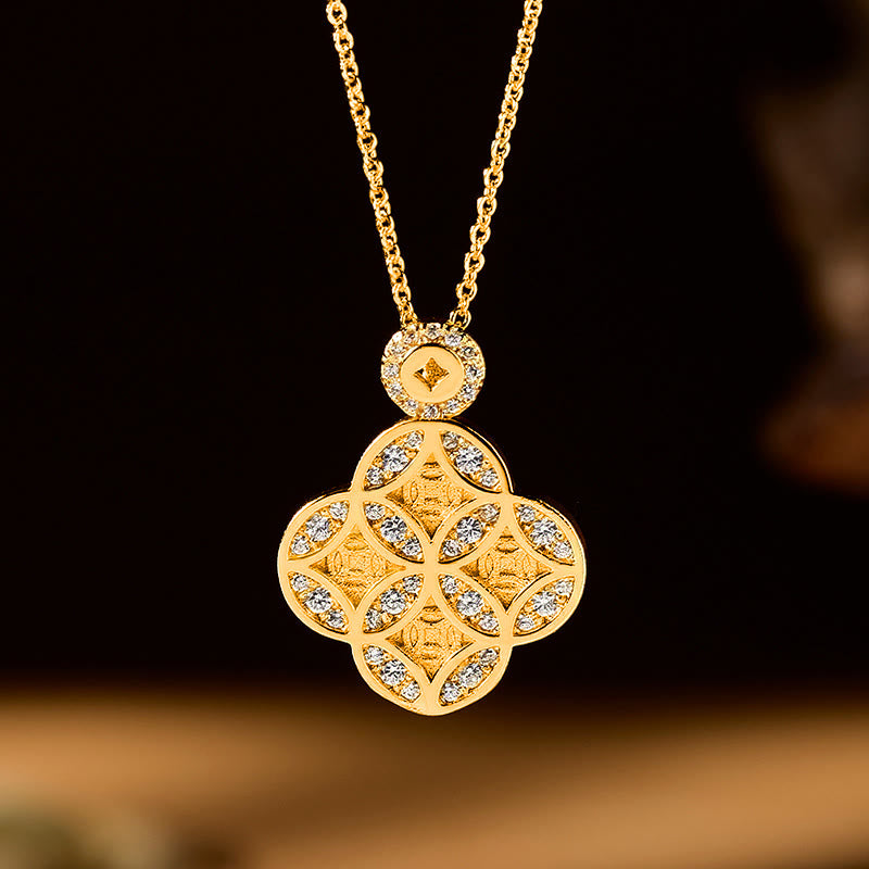 Buddha Stones Collier trèfle à quatre feuilles en cuivre, symbole de prospérité, avec une pièce chinoise en cuivre. - image 2