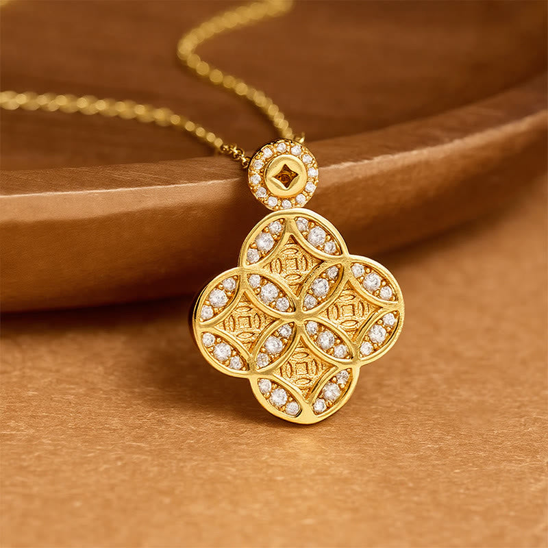 Buddha Stones Collier trèfle à quatre feuilles en cuivre, symbole de prospérité, avec une pièce chinoise en cuivre. - image 1
