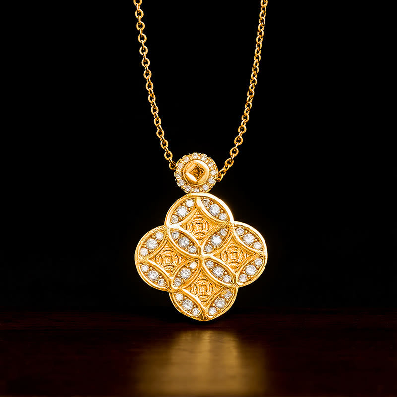 Buddha Stones Collier trèfle à quatre feuilles en cuivre, symbole de prospérité, avec une pièce chinoise en cuivre. - Pièce de monnaie chinoise - image 0