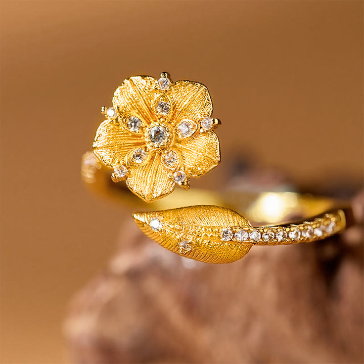 Buddha Stones Bague ouverte en alliage avec fleur de camélia doré - image 3