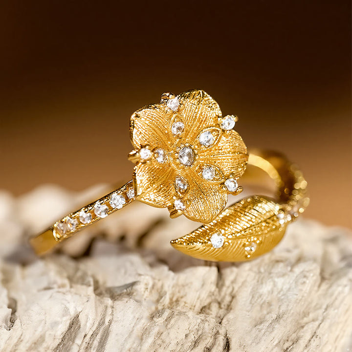 Buddha Stones Bague ouverte en alliage avec fleur de camélia doré - image 4