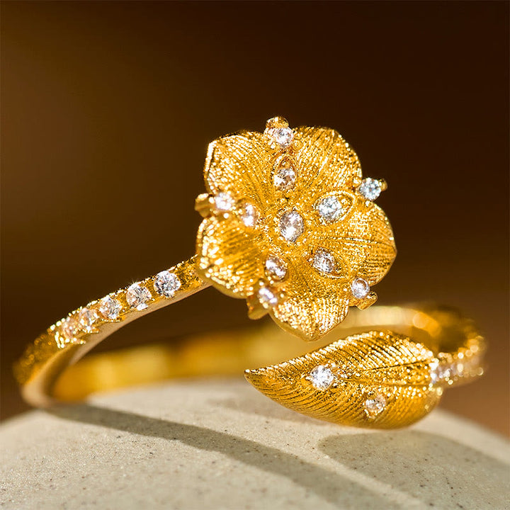 Buddha Stones Bague ouverte en alliage avec fleur de camélia doré - image 2