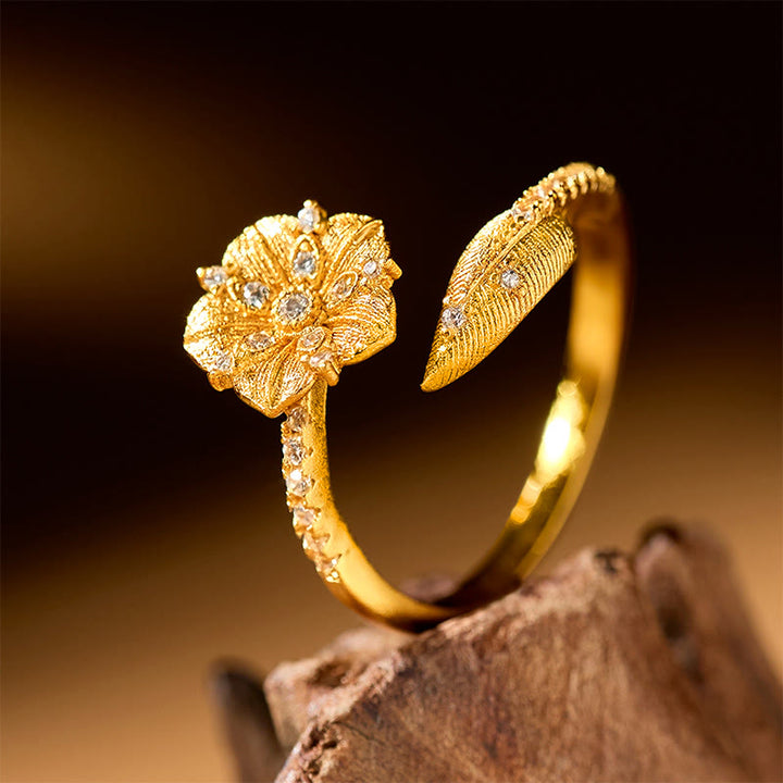 Buddha Stones Bague ouverte en alliage avec fleur de camélia doré - image 1