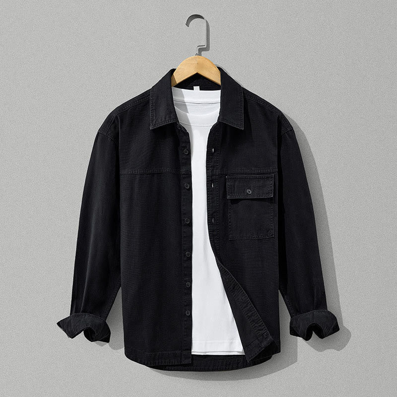 Buddha Stones Chemises à manches longues pour homme, style automne décontracté vintage, en coton uni, avec poches - Noir - US/UK/AU42, EU52 (3XL) - image 14