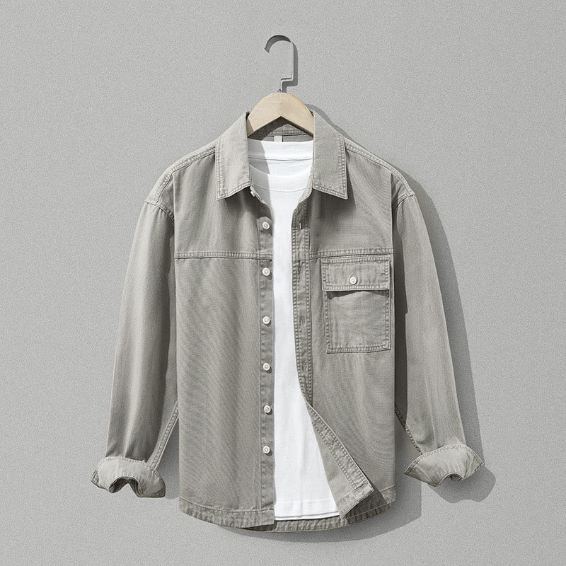 Buddha Stones Chemises à manches longues pour homme, style automne décontracté vintage, en coton uni, avec poches - Kaki foncé - US/UK/AU42, EU52 (3XL) - image 0