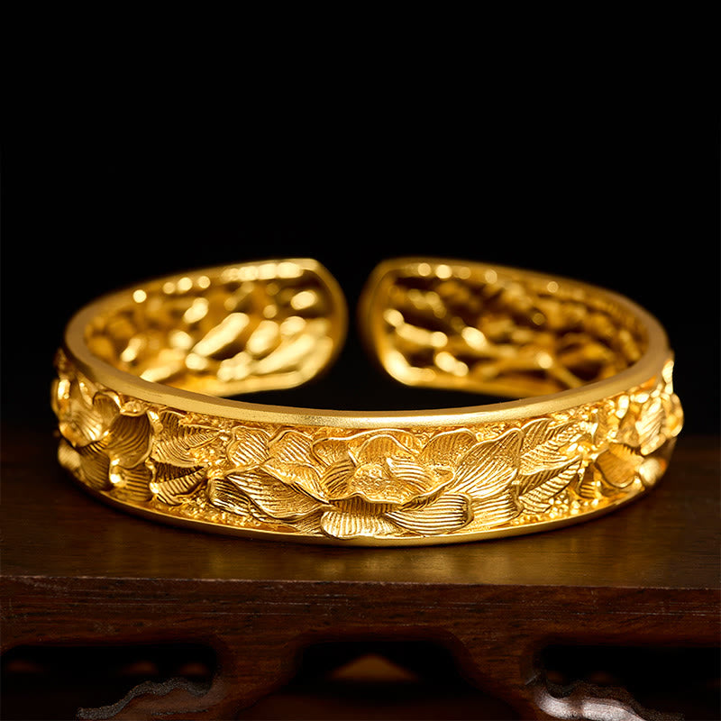 Buddha Stones Bracelet manchette ouvert en cuivre plaqué or gravé pivoine énergétique - Environ 56-62 mm - image 0