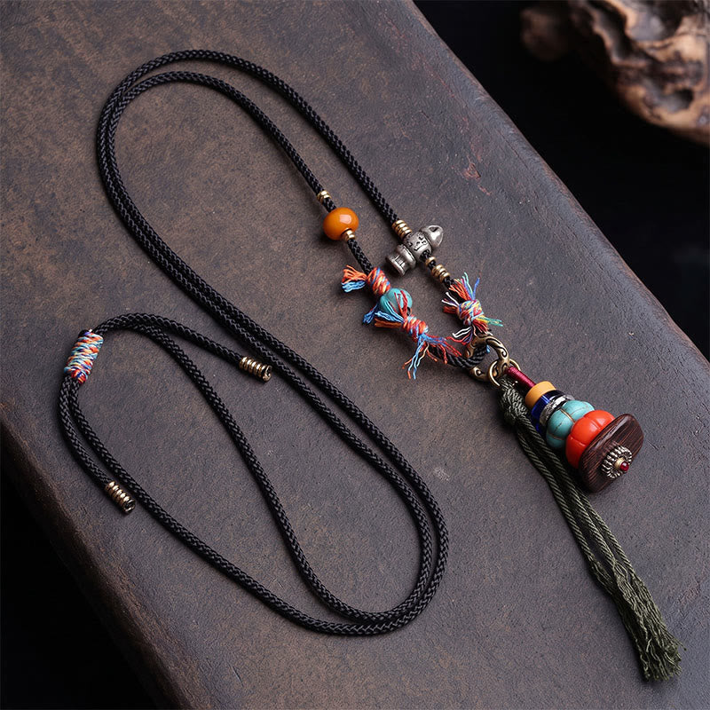 Buddha Stones Collier tibétain à pompon et perles de rocaille, motif amas de pierres Mani et LiuLi - image 1