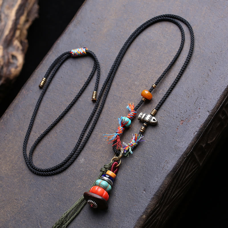 Buddha Stones Collier tibétain à pompon et perles de rocaille, motif amas de pierres Mani et LiuLi - Environ 6,5–16 mm - image 0