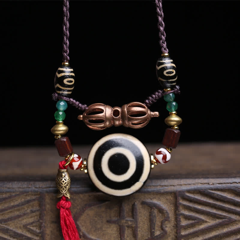 Buddha Stones Collier de protection en perles Dzi tibétaines Vajra à trois yeux et corde tressée - image 1