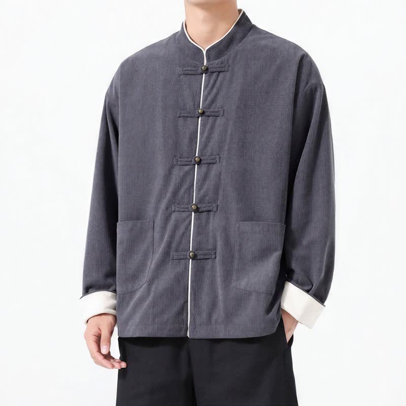 Veste homme décontractée automne-hiver style Tang, en velours côtelé uni, avec poches, ornée de boutons Buddha Stones. - image 1