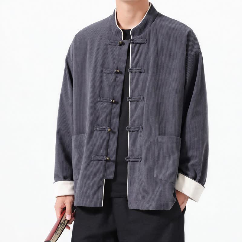Veste homme décontractée automne-hiver style Tang, en velours côtelé uni, avec poches, ornée de boutons Buddha Stones. - Gris terne - US/UK/AU46，EU56 (5XL) - image 0