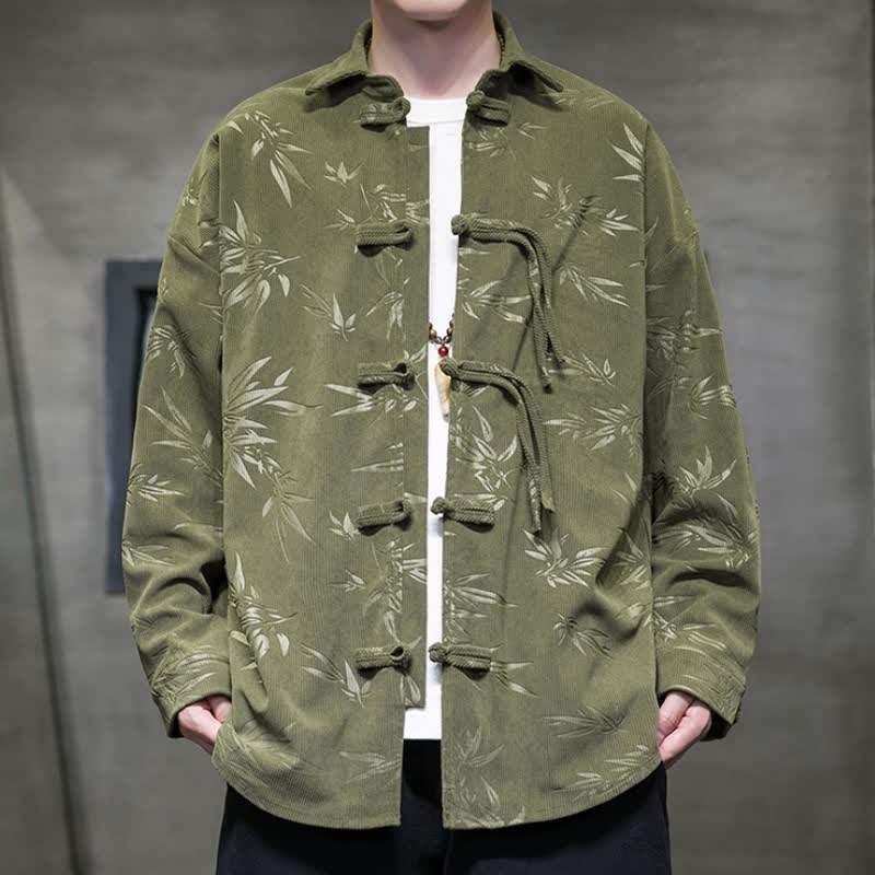 Chemises à manches longues pour homme en velours côtelé à motif floral, style Tang, avec poches, style décontracté automne-hiver, boutons grenouille, style Buddha Stones - Vert olive foncé - US/UK/AU46，EU56 (5XL) - image 0
