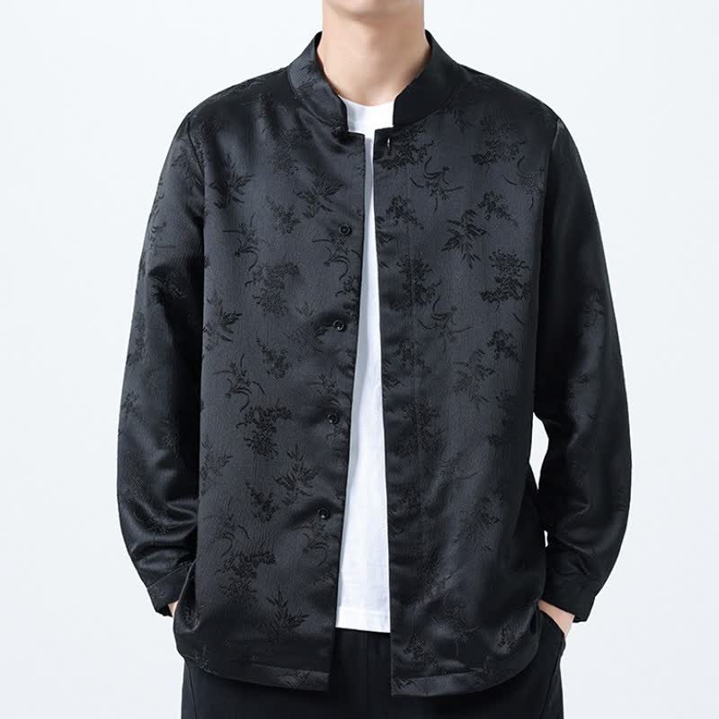 Chemises à manches longues pour homme, style Tang, élégantes, à col mandarin et à motifs floraux, avec poches, style automne-hiver, Buddha Stones. - Noir - US/UK/AU46，EU56 (5XL) - image 0