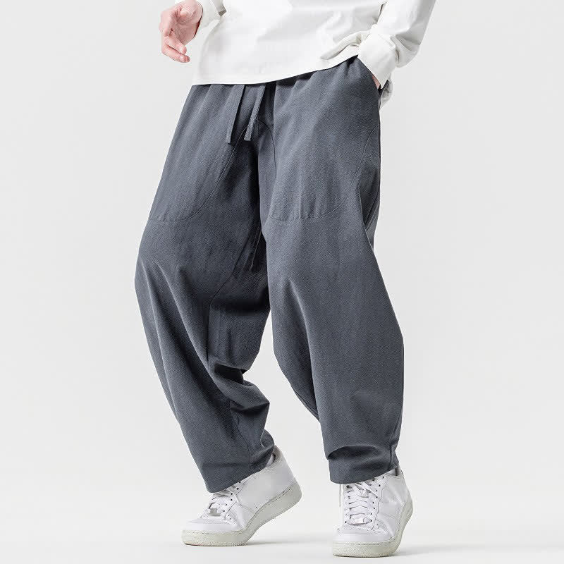 Buddha Stones Pantalon harem homme printemps-été décontracté en coton uni avec cordon de serrage et poches - image 23