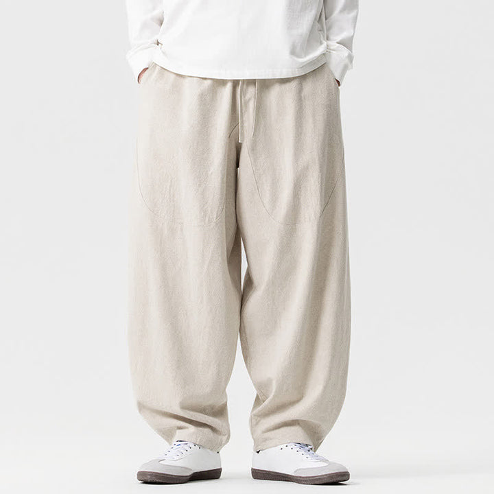 Buddha Stones Pantalon harem homme printemps-été décontracté en coton uni avec cordon de serrage et poches - Beige - US/UK/AU46，EU56 (5XL) - image 6
