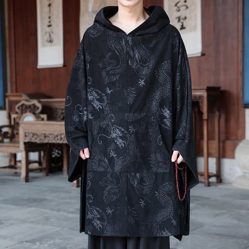 Buddha Stones Sweat à capuche à manches longues en velours côtelé style Tang vintage automne-hiver - Noir - US/UK/AU50，EU60 (5XL) - image 0