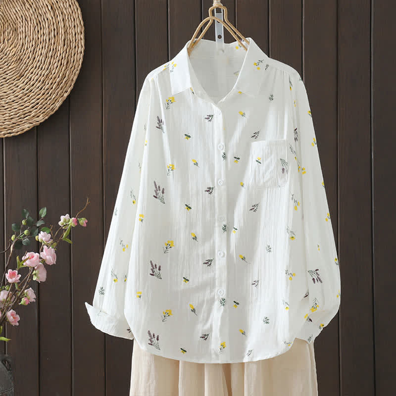 Buddha Stones Chemises à manches longues fleuries boutonnées pour femmes, style décontracté printemps-automne, avec poche - Fleurs jaunes - US12, UK/AU16, EU44 (3XL) - image 0