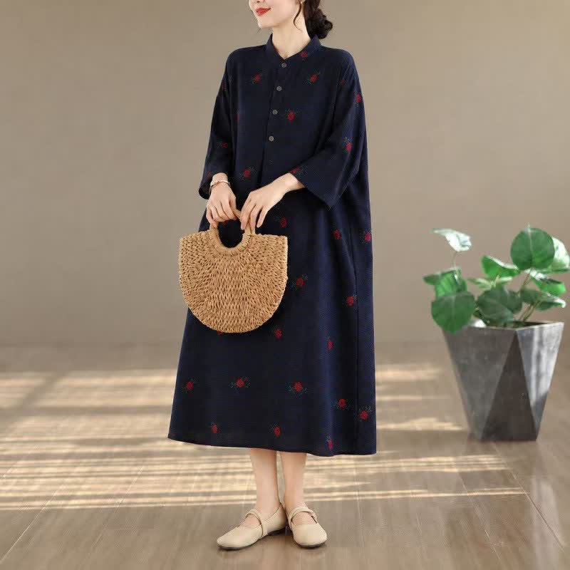 Buddha Stones Robes longues à manches longues pour femmes, style Tang, vintage, col mandarin, imprimé floral, avec poches, idéales pour le printemps et l'automne. - image 1