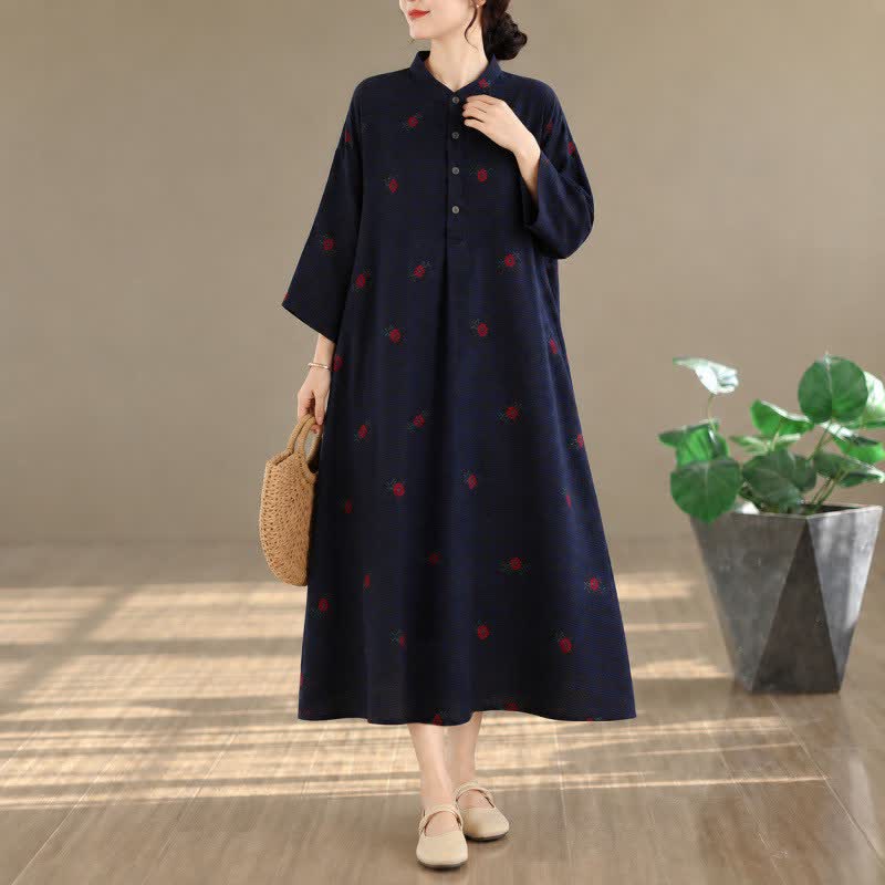 Buddha Stones Robes longues à manches longues pour femmes, style Tang, vintage, col mandarin, imprimé floral, avec poches, idéales pour le printemps et l'automne. - Bleu nuit - US4-14, UK/AU8-18, EU36-46 (F) - image 0