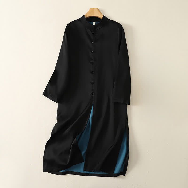 Buddha Stones Robes longues élégantes à manches longues pour femmes, style Tang, col mandarin et fente latérale, couleur unie, idéales pour le printemps et l'automne. - Noir - US12, UK/AU16, EU44 (2XL) - image 0