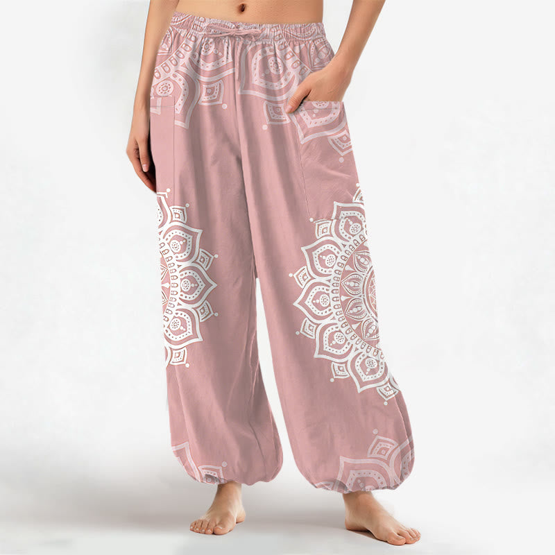 Buddha Stones Pantalon harem pour femme en coton blanc à motif mandala bohème, taille élastique et poches latérales - Rose clair - US16，UK/AU20，EU48 (3XL) - image 0