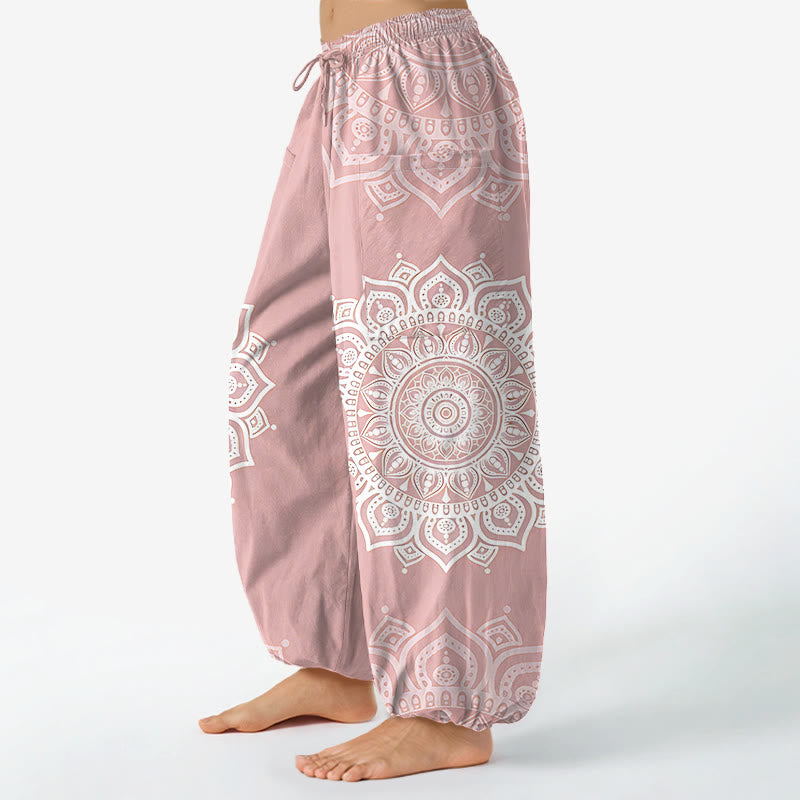 Buddha Stones Pantalon harem pour femme en coton blanc à motif mandala bohème, taille élastique et poches latérales - image 1