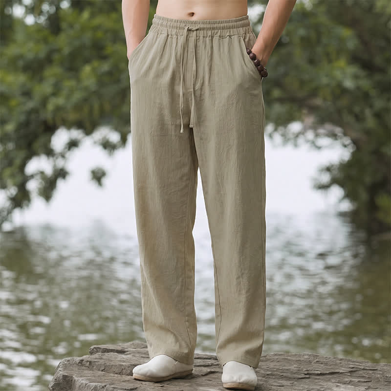 Buddha Stones Pantalon long uni décontracté d'automne avec cordon de serrage et poches, coupe droite, pour homme. - Tanné - US/UK/AU42, EU52 (3XL) - image 0