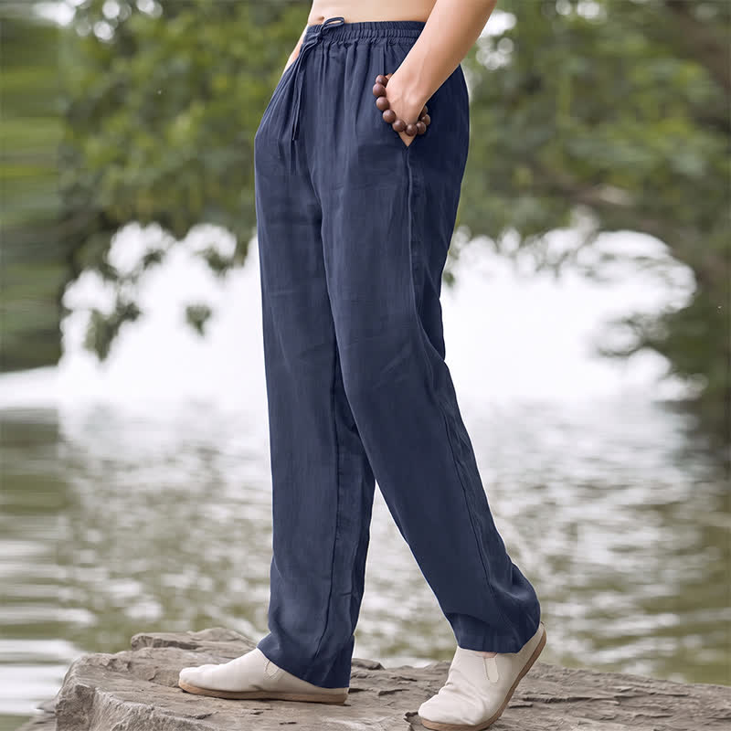 Buddha Stones Pantalon long uni décontracté d'automne avec cordon de serrage et poches, coupe droite, pour homme. - image 12