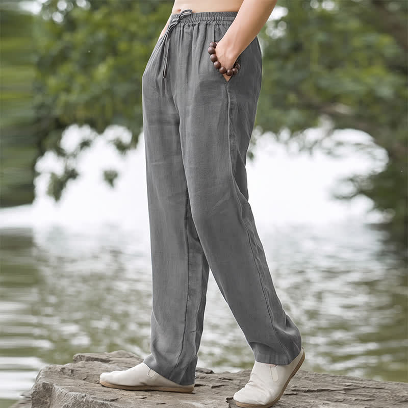 Buddha Stones Pantalon long uni décontracté d'automne avec cordon de serrage et poches, coupe droite, pour homme. - image 22