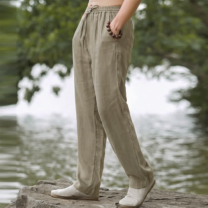 Buddha Stones Pantalon long uni décontracté d'automne avec cordon de serrage et poches, coupe droite, pour homme. - image 1