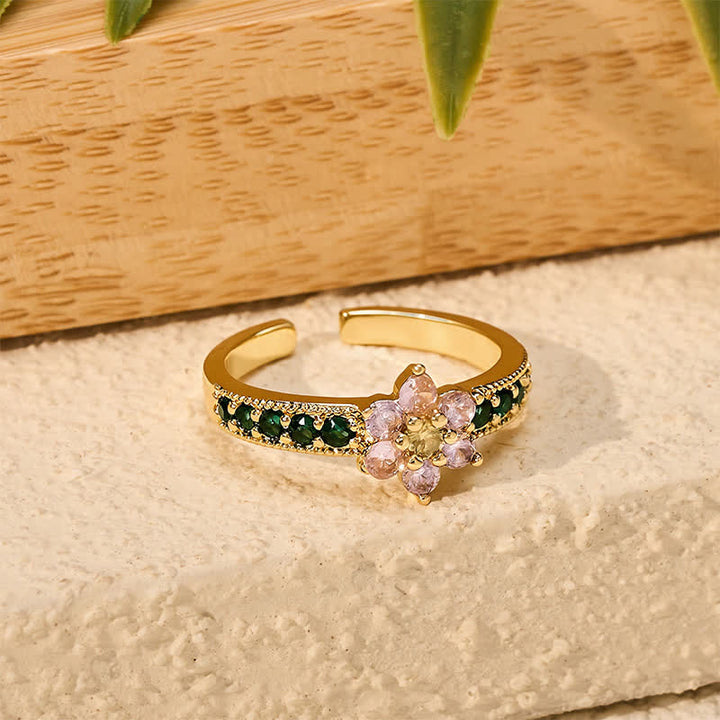 Buddha Stones Bague ouverte florale incrustée de lotus en cuivre, symbole de l'illumination - image 3