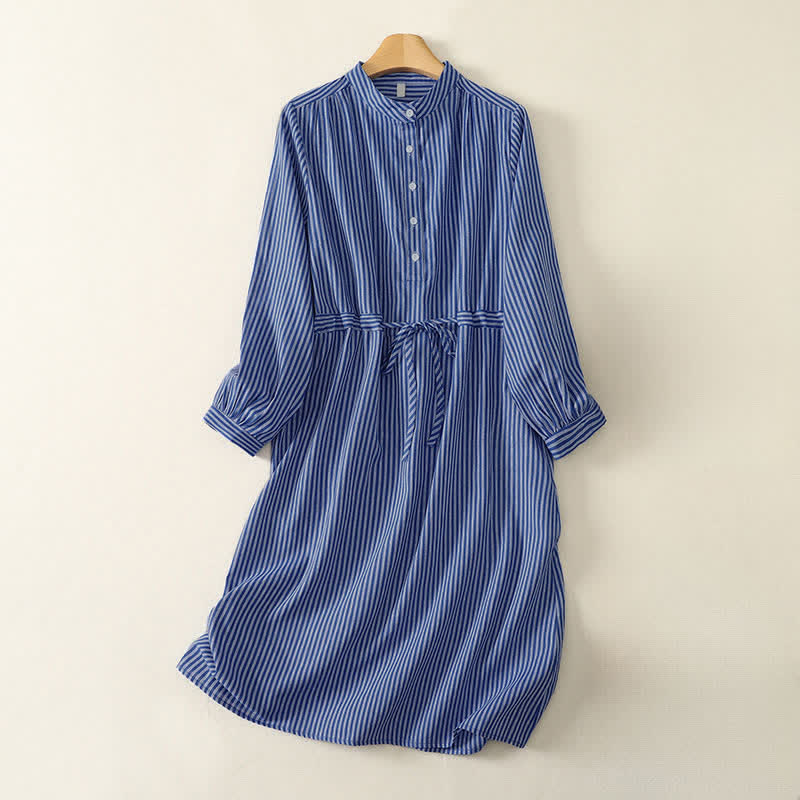 Buddha Stones Robe longue à manches longues pour femme, rayée bleue, avec cordon de serrage et poches, idéale pour le printemps et l'automne. - Bleu royal - US14, UK/AU18, EU46 (2XL) - image 0