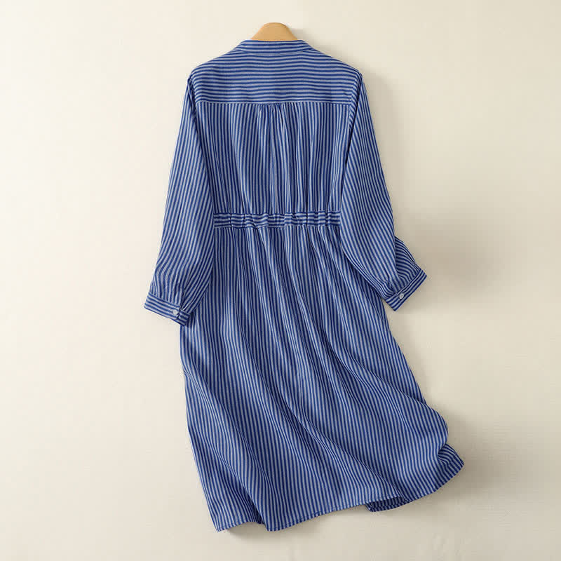 Buddha Stones Robe longue à manches longues pour femme, rayée bleue, avec cordon de serrage et poches, idéale pour le printemps et l'automne. - image 1