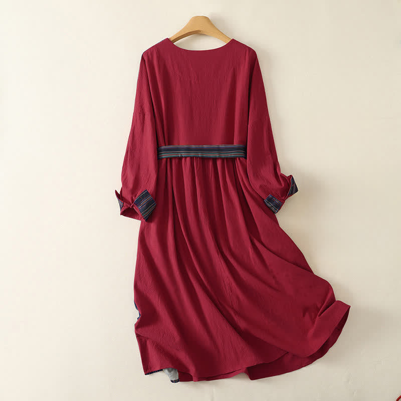 Buddha Stones Robe longue à manches longues pour femme, style automne, à rayures rouges et colorées, avec boutons et nœud, et poches. - image 1