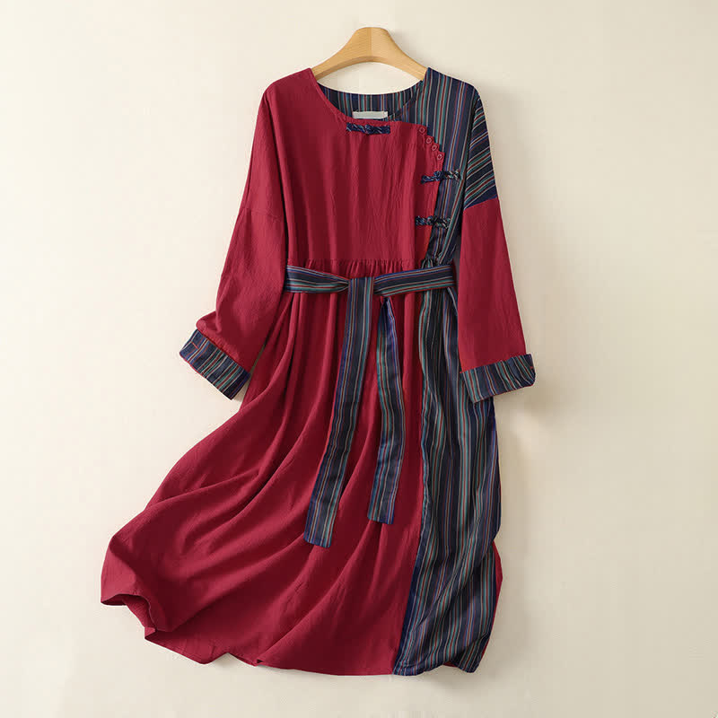 Buddha Stones Robe longue à manches longues pour femme, style automne, à rayures rouges et colorées, avec boutons et nœud, et poches. - Briques réfractaires - US12, UK/AU16, EU44 (2XL) - image 0