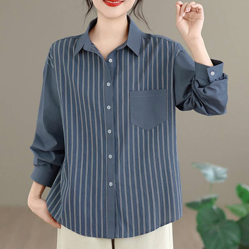 Buddha Stones Chemises à manches longues pour femmes, style minimaliste décontracté printanier, à rayures patchwork et poches plaquées. - SteelBlue - US8-10, UK/AU12-14, EU40-42 (2XL) - image 0