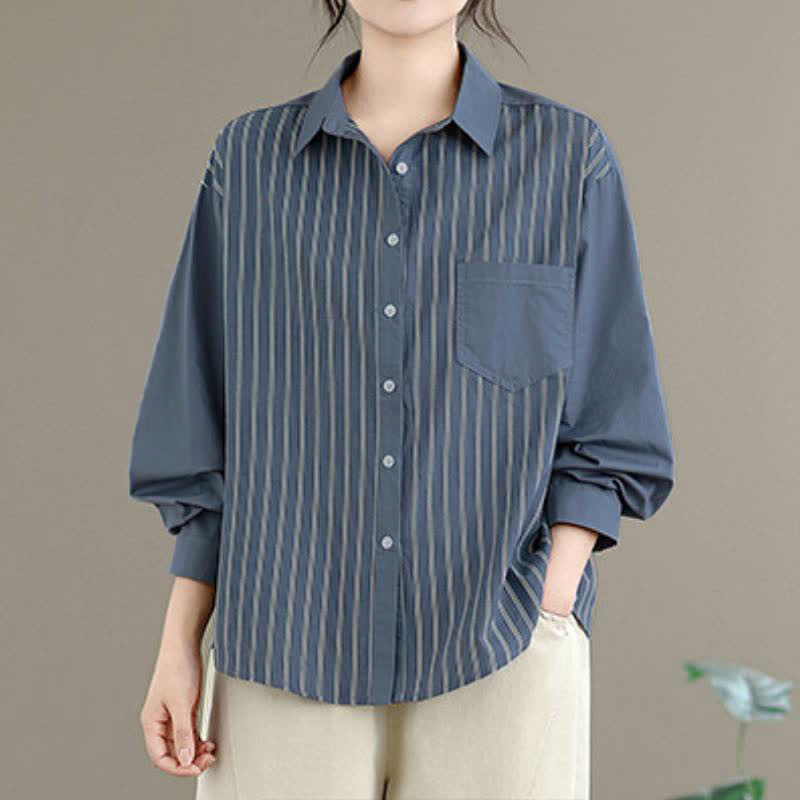 Buddha Stones Chemises à manches longues pour femmes, style minimaliste décontracté printanier, à rayures patchwork et poches plaquées. - image 1