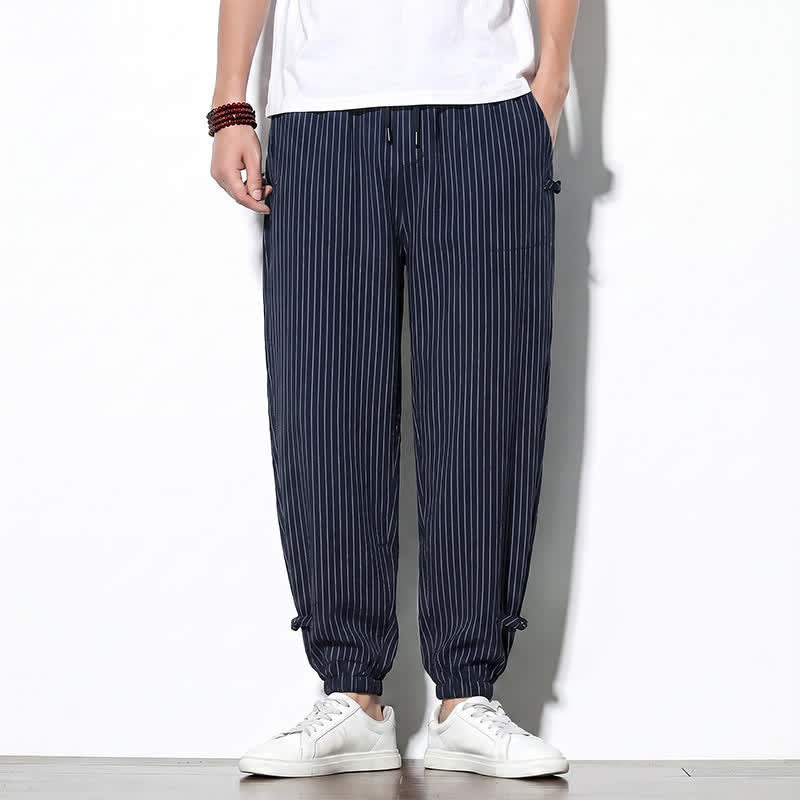 Buddha Stones Pantalon court rayé basique printemps-été à cordon de serrage, coupe fuselée, avec poches - Bleu nuit - US/UK/AU46, EU56 (5XL) - image 0