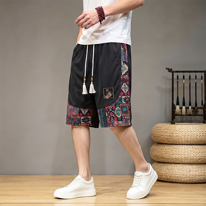 Buddha Stones Short d'été bohème pour homme, taille élastique avec cordon de serrage et bordure géométrique, poches - Noir - US/UK/AU46, EU56 (5XL) - image 10