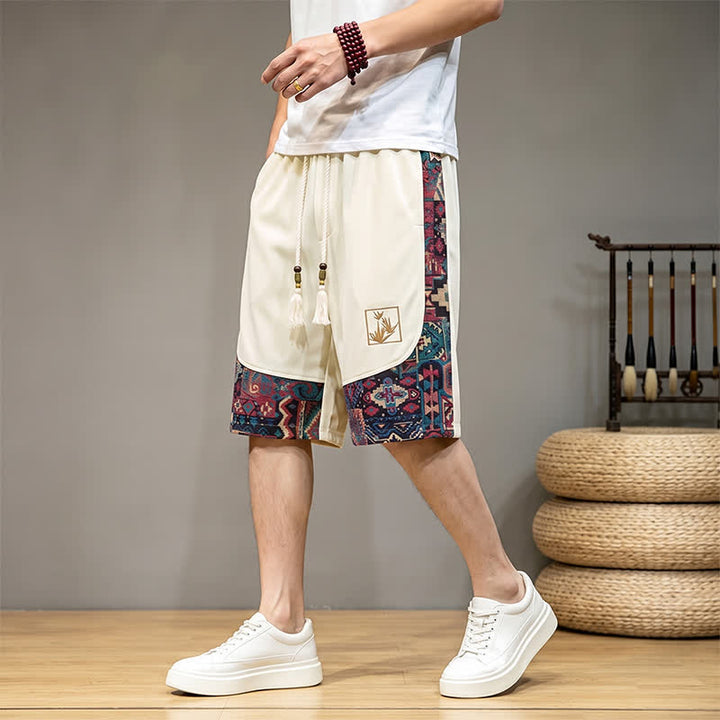 Buddha Stones Short d'été bohème pour homme, taille élastique avec cordon de serrage et bordure géométrique, poches - Blanc - US/UK/AU46, EU56 (5XL) - image 21